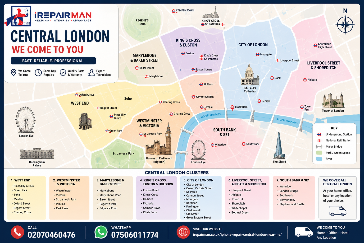Central London iRepairMan service coverage map showing Westminster, Soho, City of London, King’s Cross, Liverpool Street and South Bank repair clusters