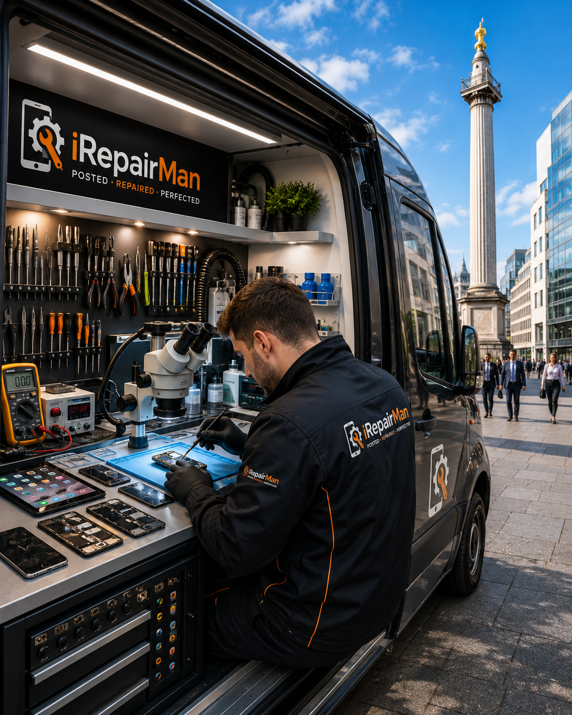 iRepairMan mobile repair workshop van near Monument EC3R with technician fixing an iPhone