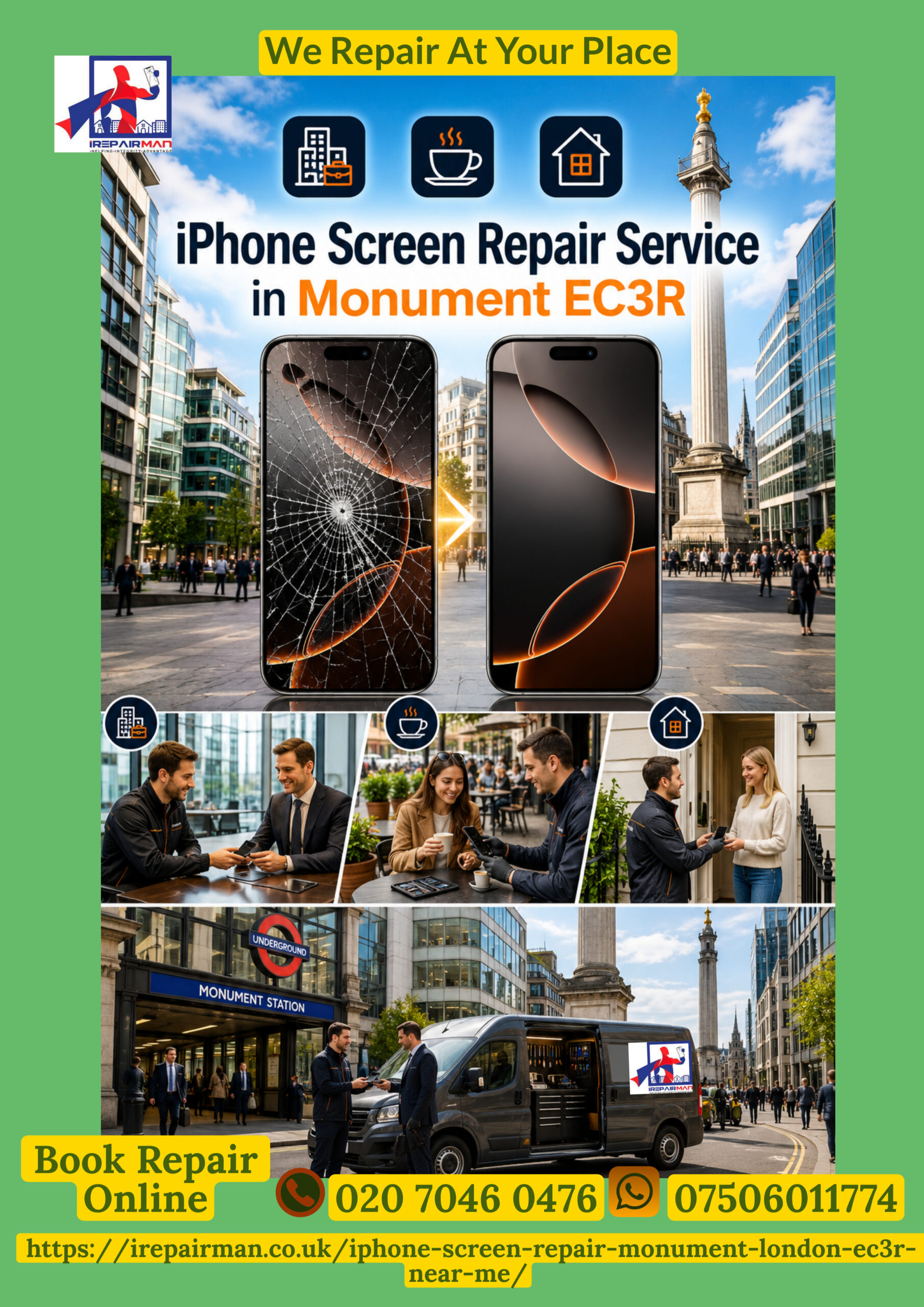 iPhone screen repair service in Monument EC3R near Monument Station by iRepairMan