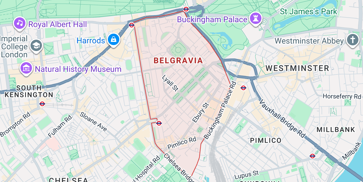 Belgravia SW1X phone repair service area map covering Victoria Pimlico Knightsbridge and Westminster