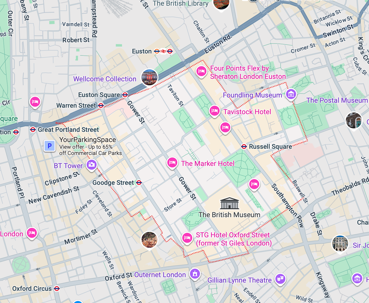 Bloomsbury WC1 phone repair service area map showing Russell Square, British Museum, Euston and surrounding Central London locations