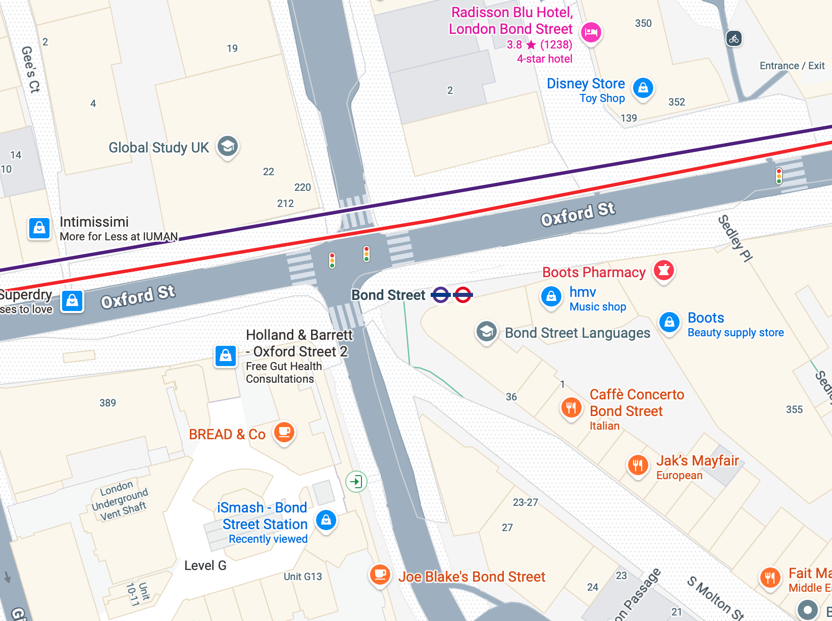 Bond Street W1S iPhone screen repair service area map covering Oxford Street New Bond Street and nearby West End locations