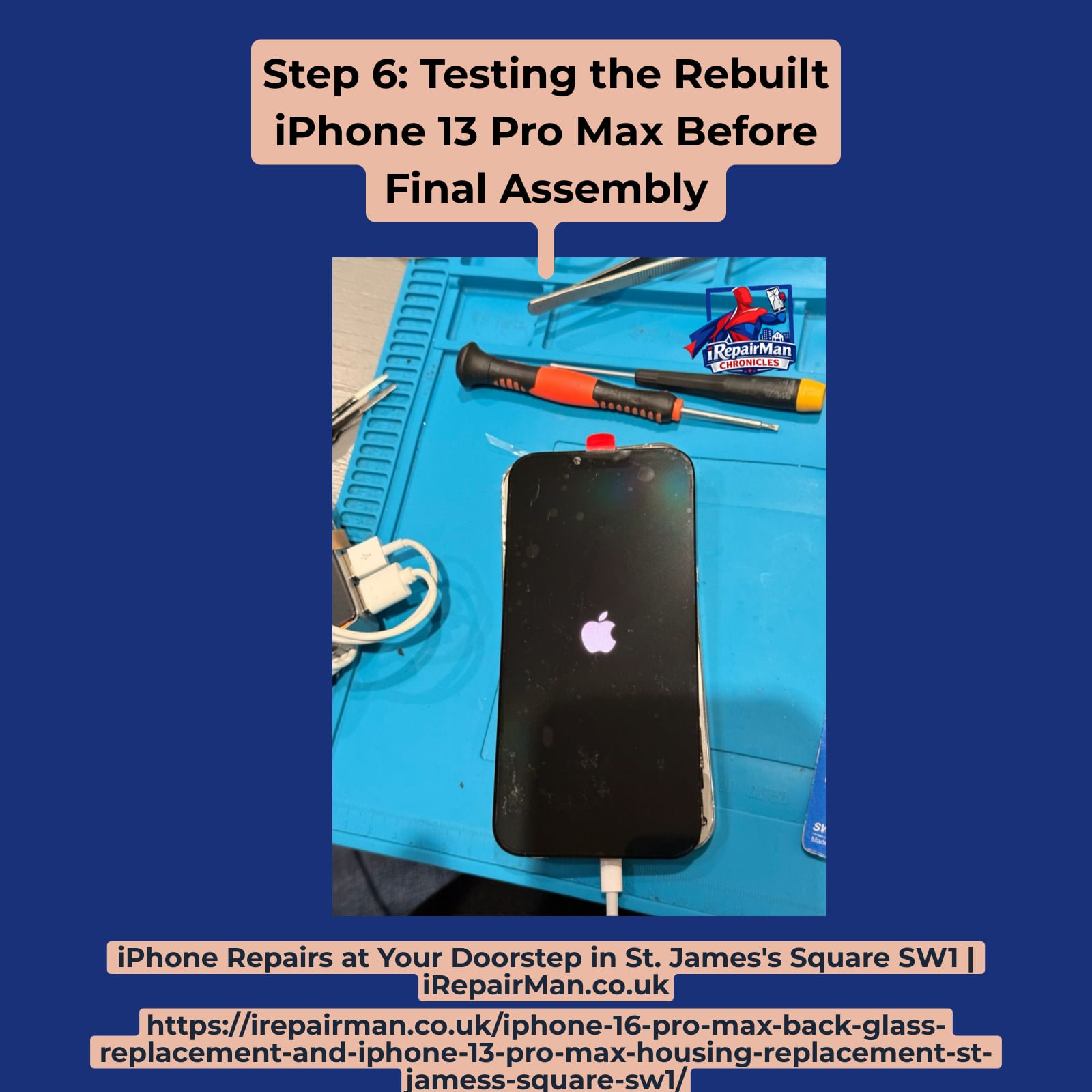 Power-on testing of rebuilt iPhone 13 Pro Max