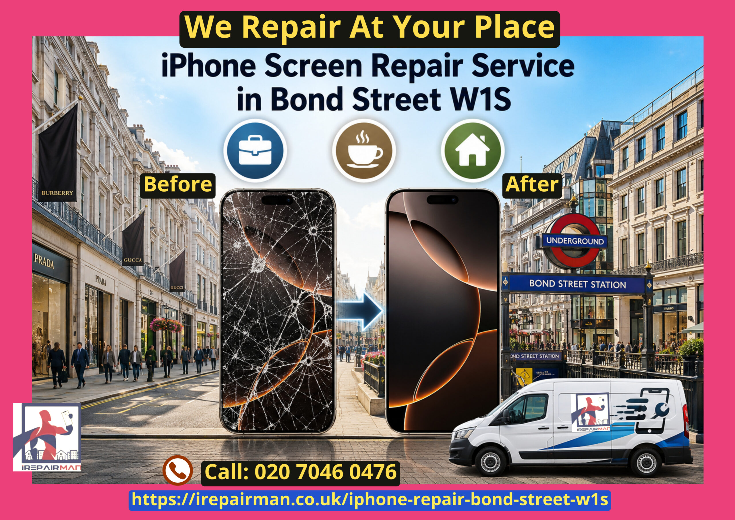 iPhone screen repair service in Bond Street W1S with mobile doorstep repair van, before and after cracked iPhone screen repair