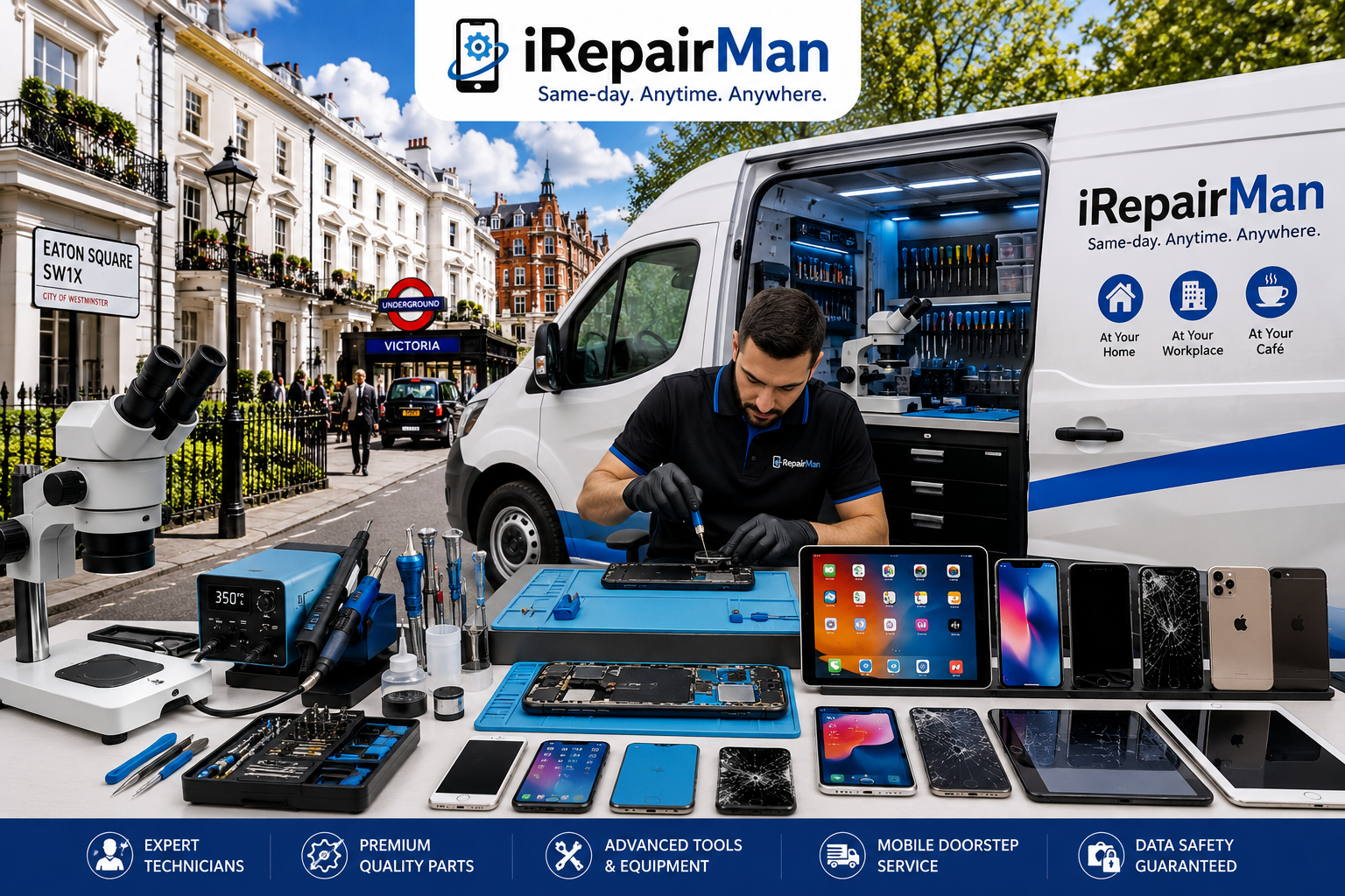iRepairMan mobile repair workshop van in Belgravia SW1X with technician fixing iPhone using specialist tools