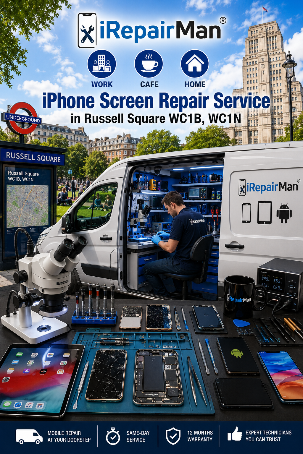 iRepairMan mobile phone repair workshop van in Russell Square repairing iPhone Samsung and iPad devices