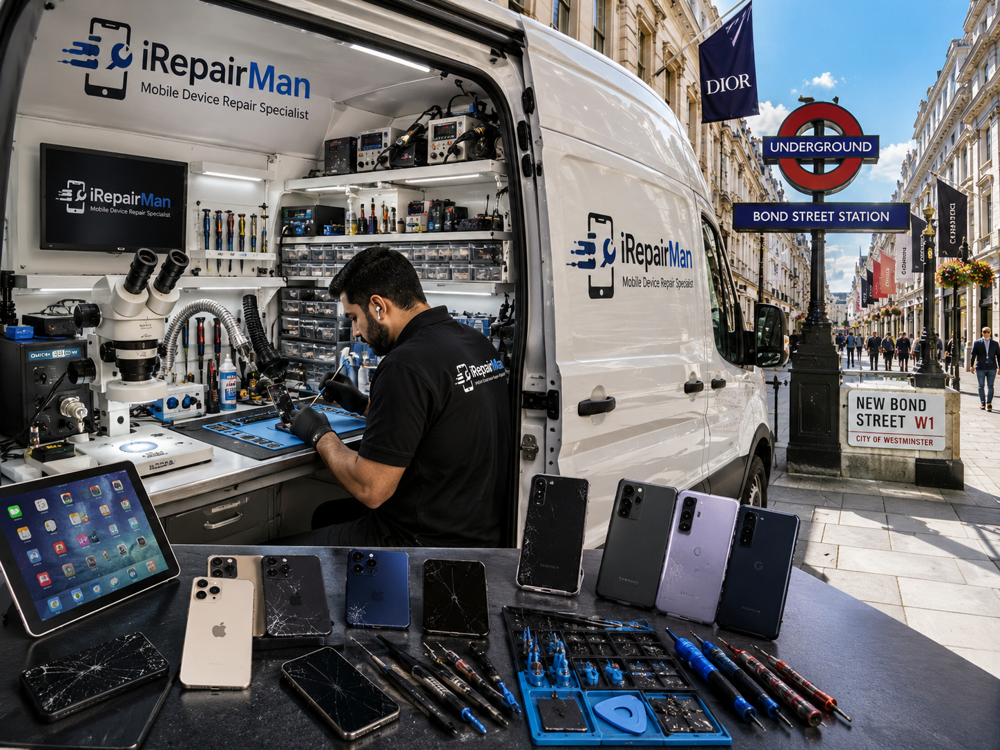 iRepairMan mobile repair workshop van in Bond Street W1S with technician fixing iPhone using tools microscope and repair workstation