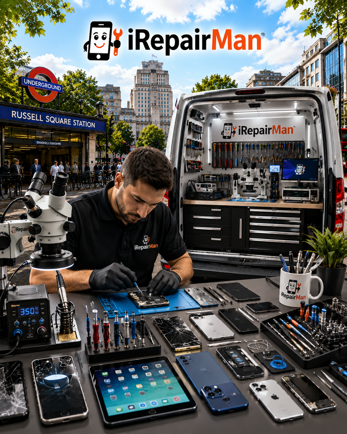 iRepairMan mobile phone repair workshop van near Russell Square Station Bloomsbury WC1 with technician repairing smartphones and tablets