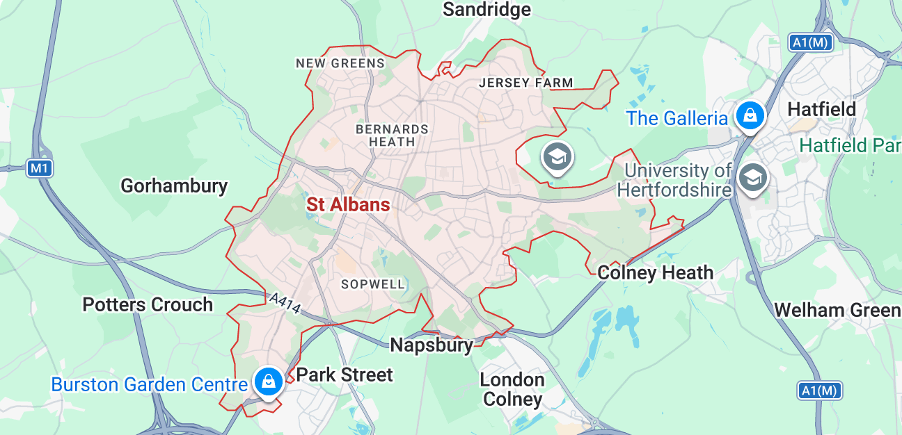 iRepairMan Mobile iPhone Repair Coverage Map for St Albans Map showing St Albans and surrounding iPhone repair service areas across AL1 AL2 and AL3
