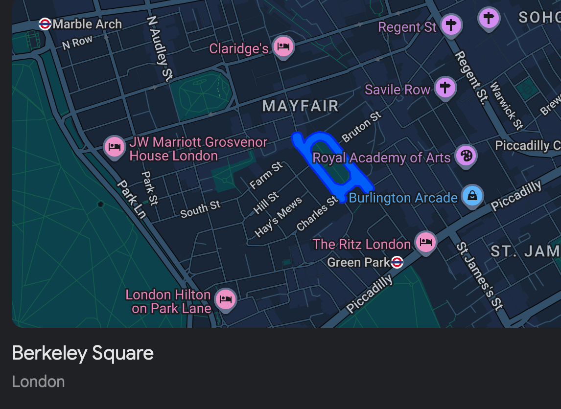 Map of Berkeley Square W1J in Mayfair showing nearby streets and iRepairMan mobile repair coverage