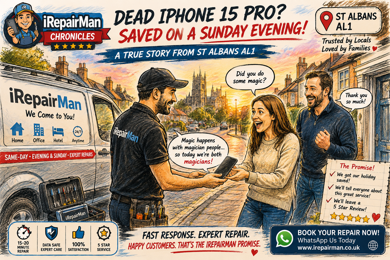 Illustration of an iRepairMan technician returning a repaired iPhone 15 Pro to Sophia and Ben on a Sunday evening in St Albans AL1