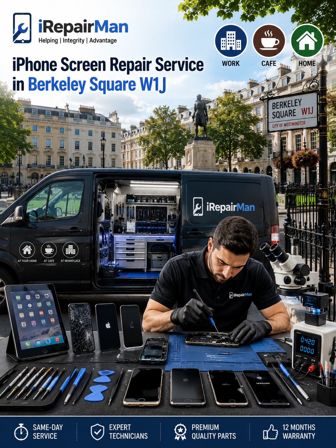 iRepairMan technician repairing an iPhone beside a microscope and professional tools in a mobile workshop in Berkeley Square W1J