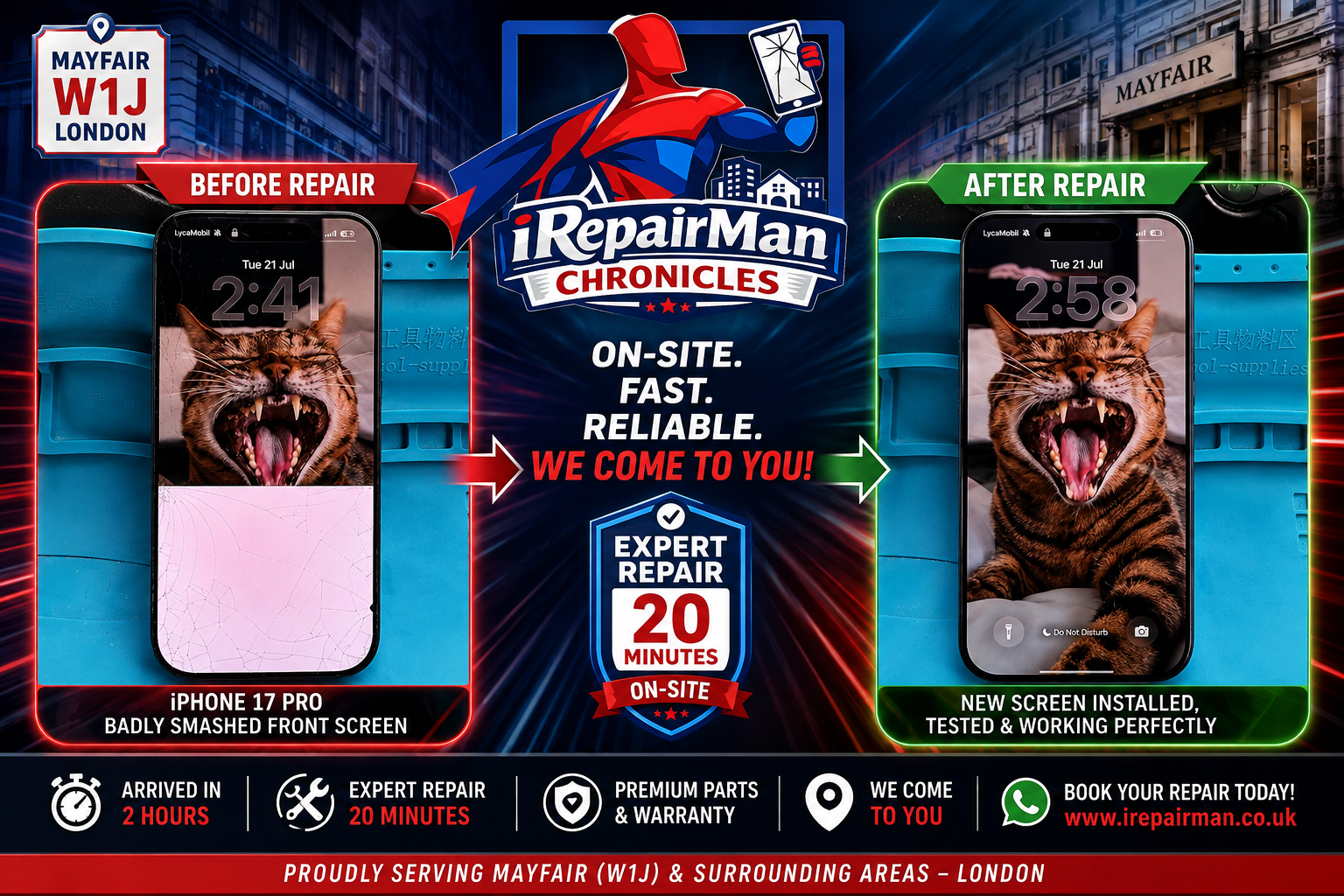 iPhone 17 Pro screen repair before and after in Mayfair W1J by iRepairMan mobile repair service