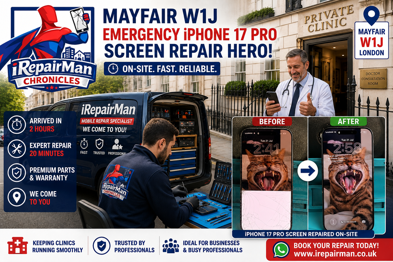 Emergency iPhone 17 Pro screen repair at a Mayfair W1J clinic by iRepairMan mobile repair technician