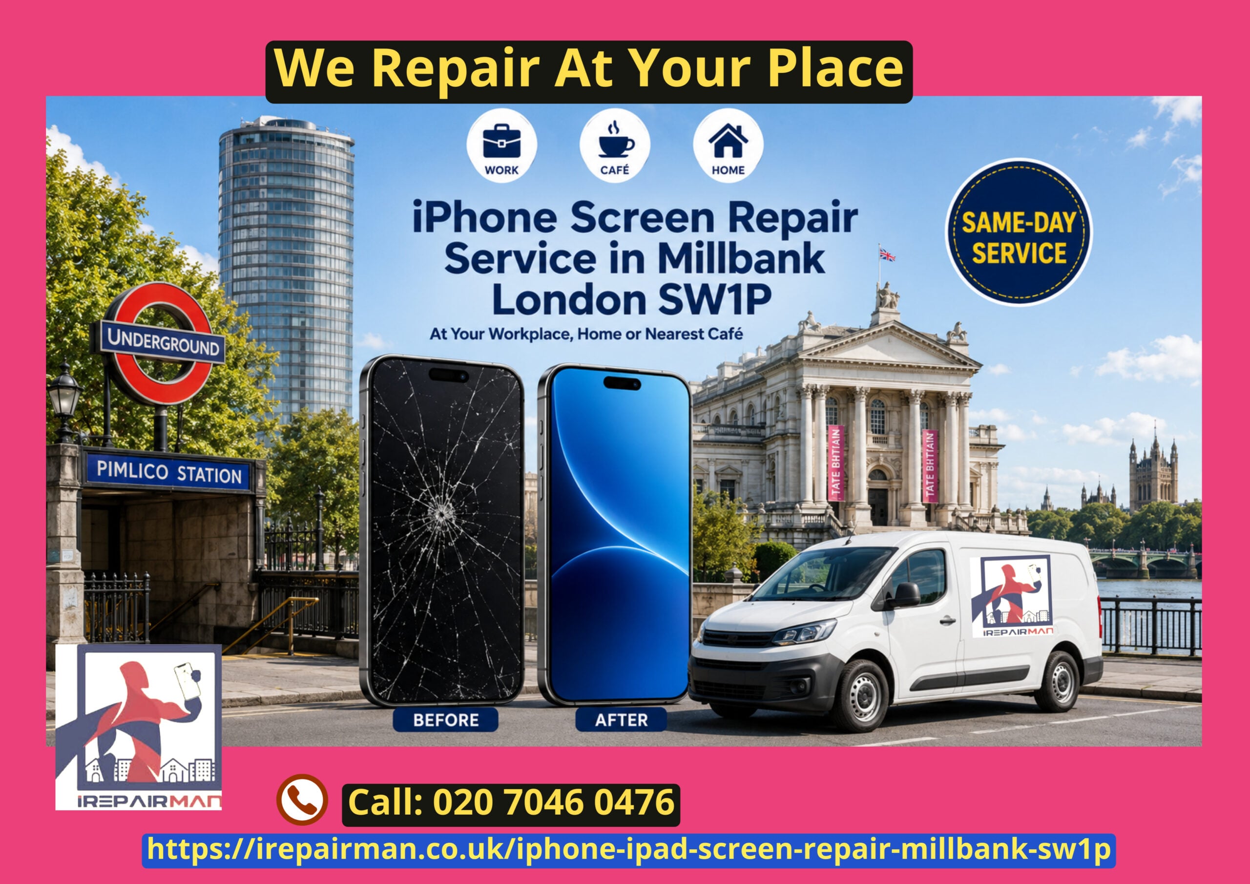 Same-day iPhone screen repair at home, work or a cafe in Millbank London SW1P with before-and-after screen demonstration