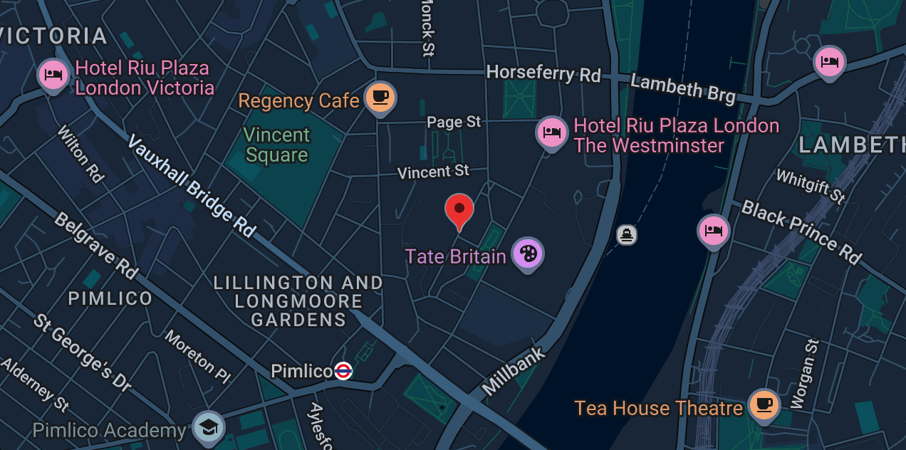 Millbank SW1P repair coverage map showing Tate Britain, Pimlico station and Horseferry Road