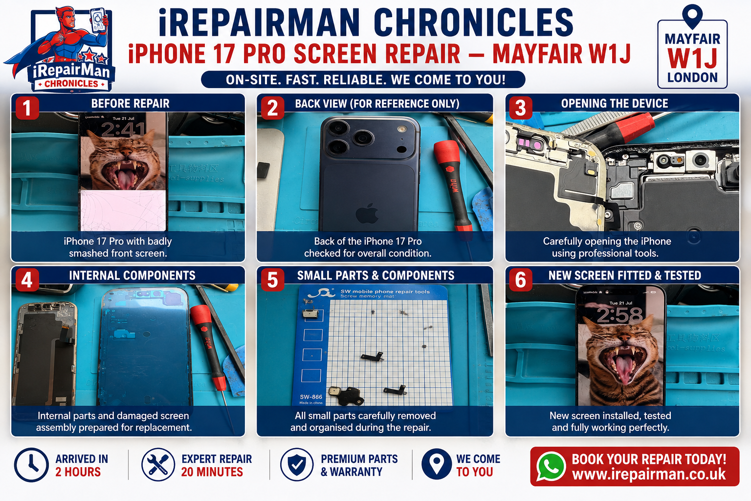 Step-by-step iPhone 17 Pro screen replacement process by iRepairMan in Mayfair W1J London