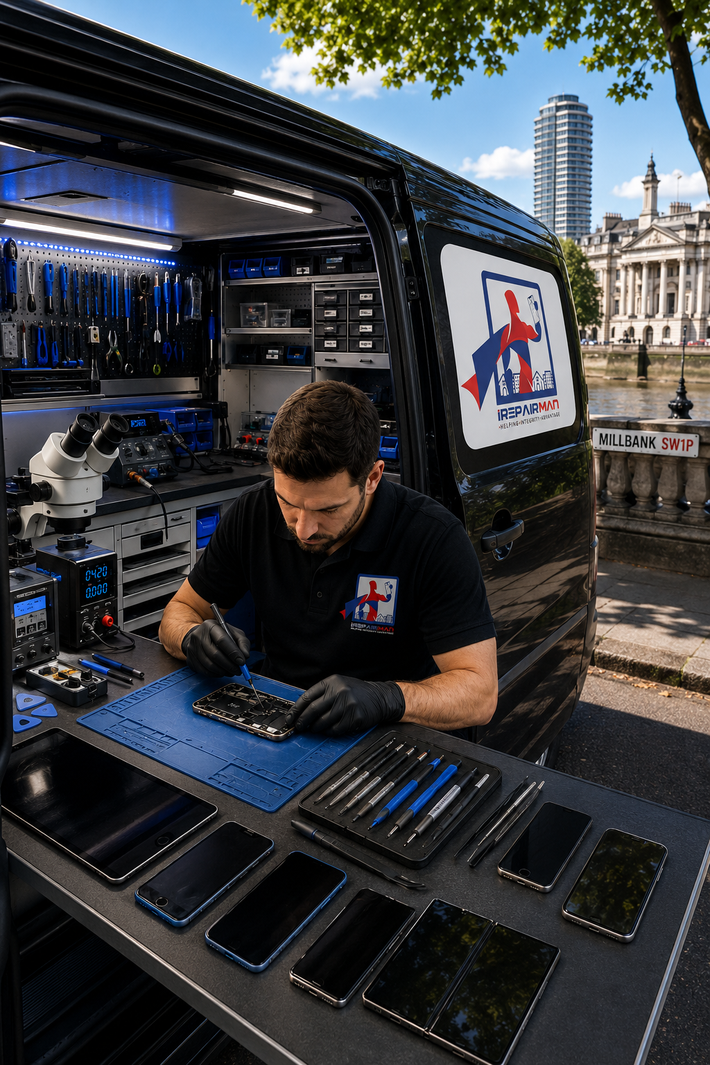 iRepairMan technician repairing an iPhone inside a mobile workshop van in Millbank London SW1P
