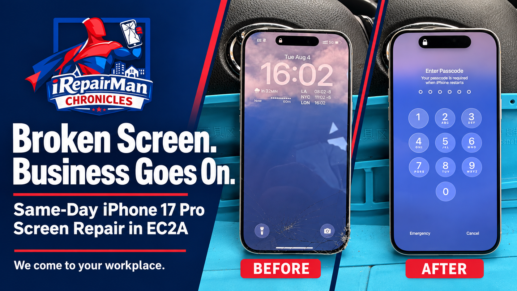 iRepairMan Chronicles banner with before-and-after iPhone screen images and the headline Broken Screen. Business Goes On.