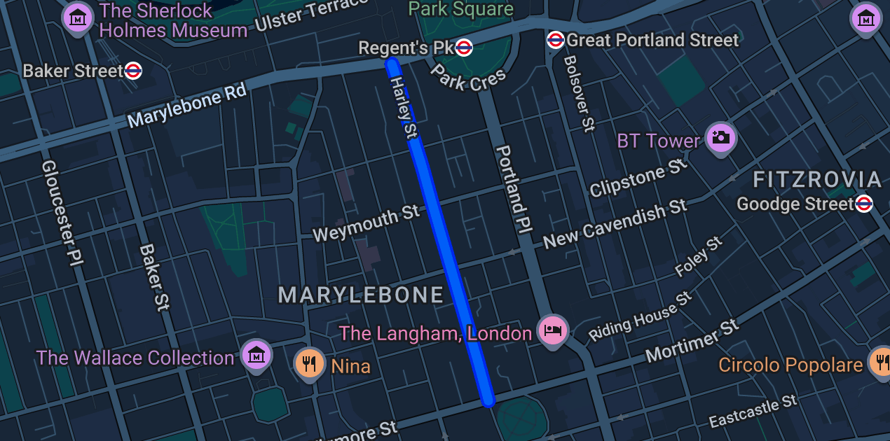Map of Harley Street London W1G showing the iRepairMan iPhone repair service area near Regent's Park and Great Portland Street