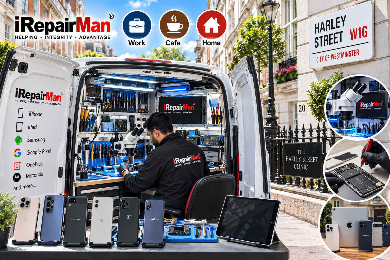 iRepairMan mobile iPhone repair technician working inside a repair van workshop in Harley Street London W1G