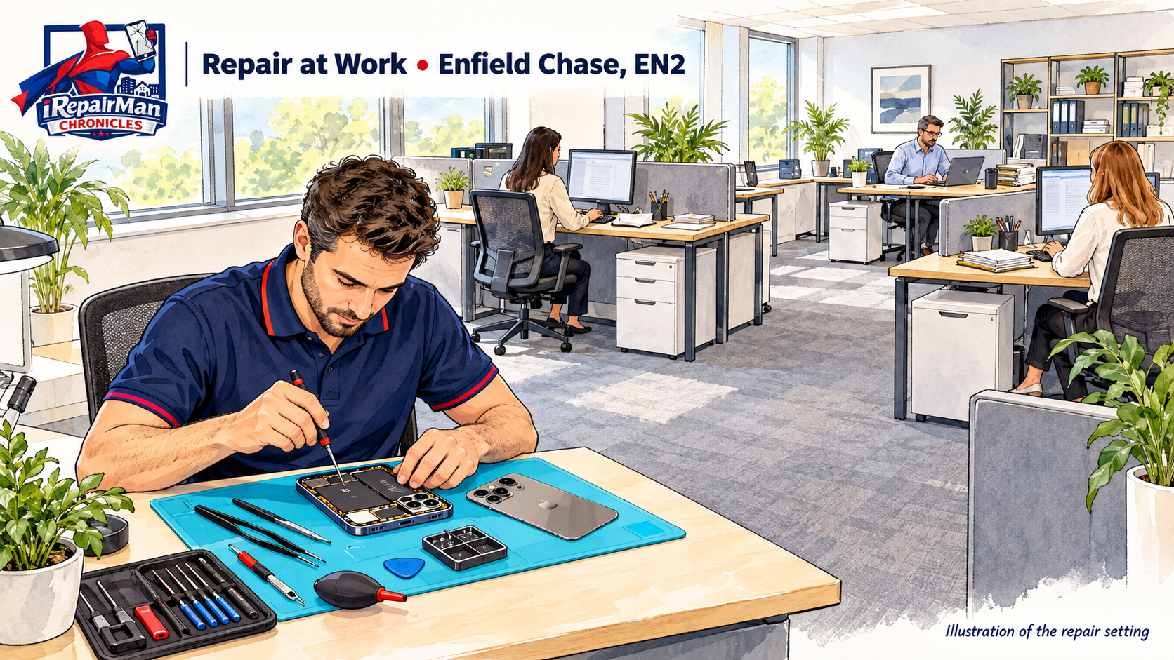 Illustration of a technician repairing an iPhone at a separate office desk while the customer and two colleagues continue working.