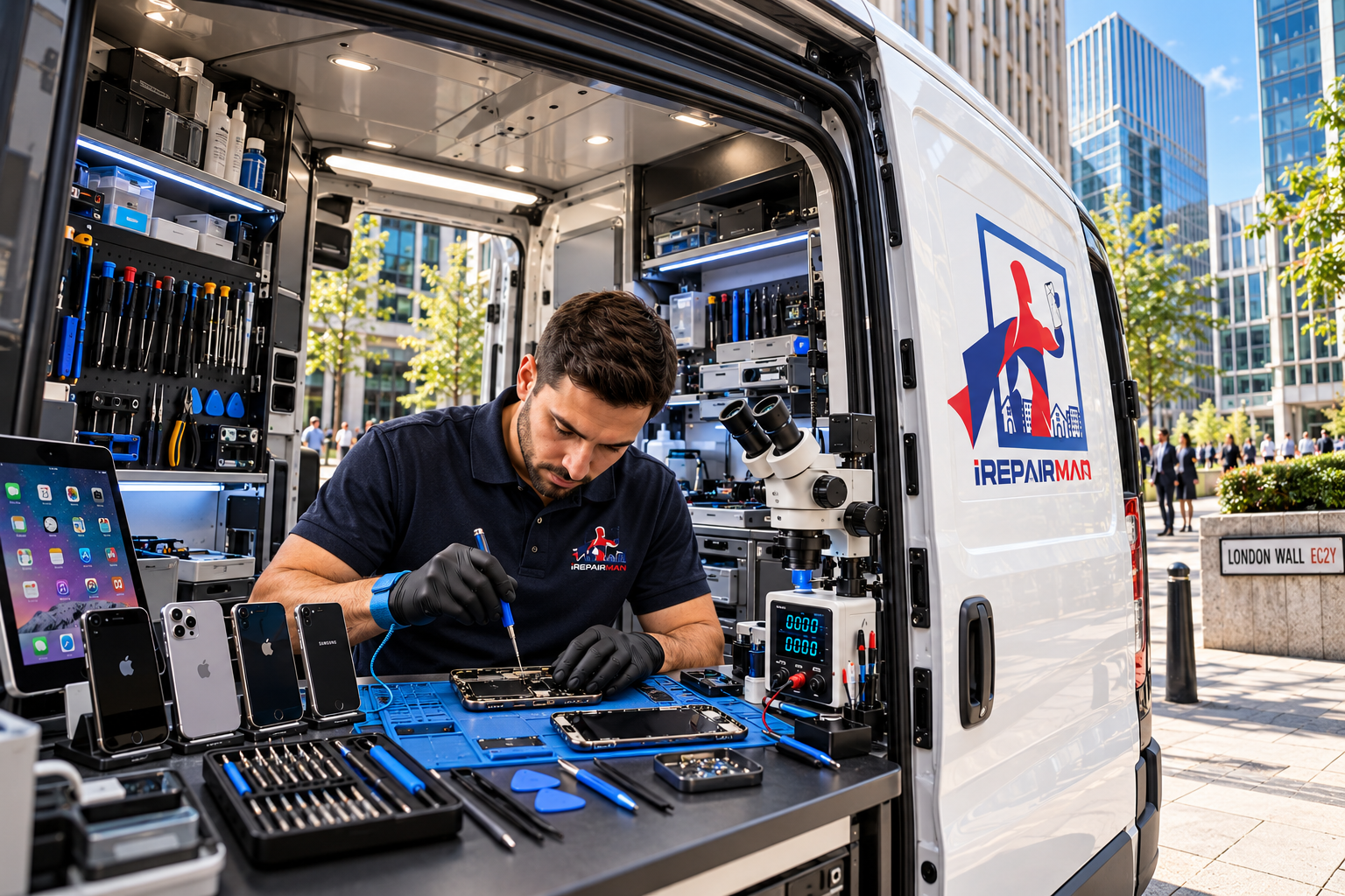 Illustration of an iRepairMan technician fixing an iPhone inside a van workshop with a microscope, tools, phones and an iPad.